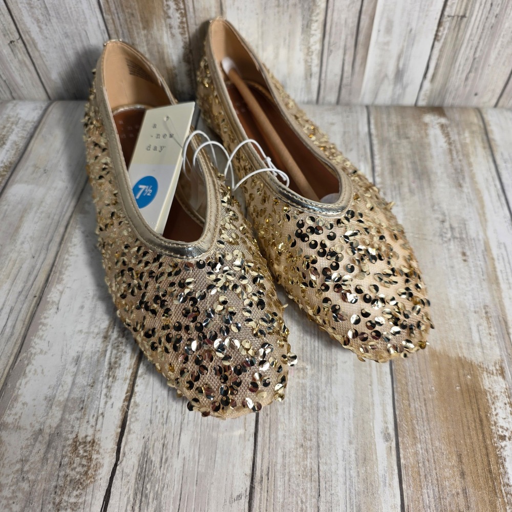A New Day Gold Sequin Ballet Flats Womens 7.5 Memory Foam Slip On Dressy Shoes